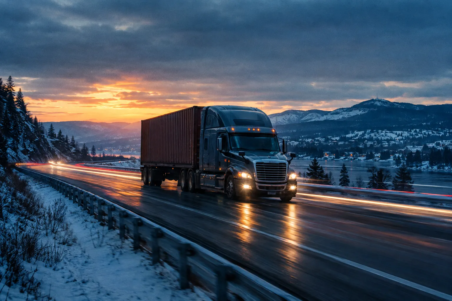 Truck hauling a container on a snowy Québec highway at dawn