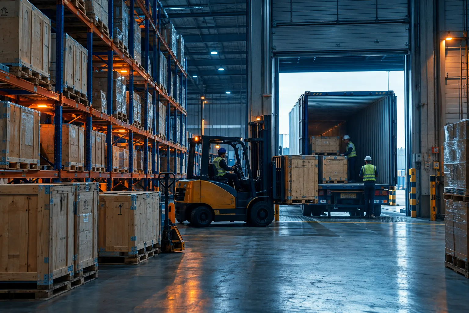 Forklift loading export crates into a container at a warehouse dock